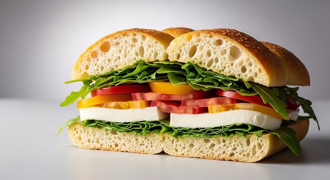 A gourmet focaccia sandwich featuring golden crusty bread, layered with bright green arugula, sliced heirloom tomatoes, and creamy mozzarella, cheese, meal, golden