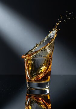 A golden liquid splashes into a crystal glass against a dark, minimalist background with dramatic shadows and sharp, modern reflections, modern, focus, night