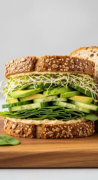 A delicious multi-grain sandwich stacked high with fresh spinach, cucumber slices, avocado, sprouts, and creamy hummus on a wooden board, healthy, culinary, gourmet