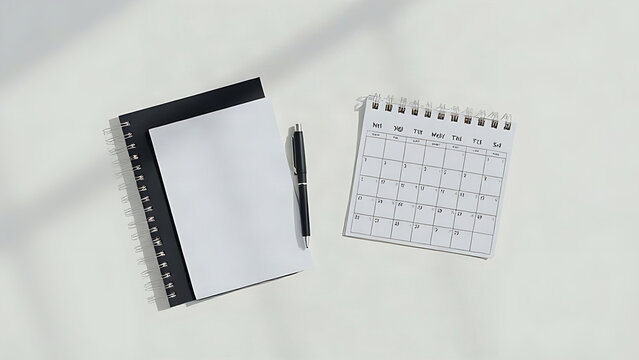Notebook, pen and calendar on plain surface, New Year resolution planning concept