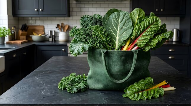 Fresh kale and chard vegetables in a bag on kitchen counter