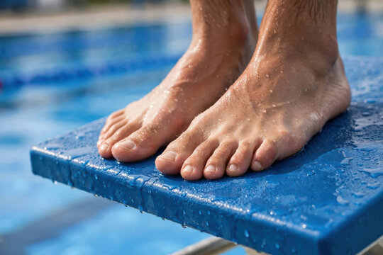 Swimmer feet on blue diving board beside pool, close up of wet foot and toe on outdoor swim platform