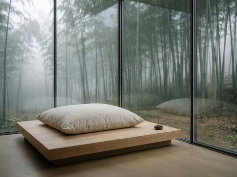 Detailed Zen Meditation Space with Large White Pillow and Wooden Platform