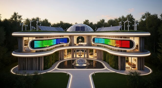 Futuristic eco-friendly mansion with sustainable green garden technology integration at twilight building architecture