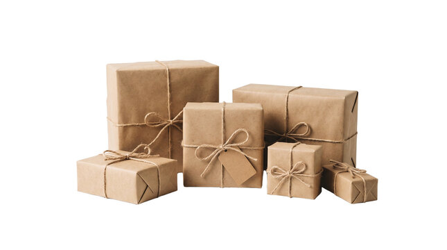 Group of Kraft Paper Wrapped Gift Boxes Tied with Twine PNG Isolated on transparent background