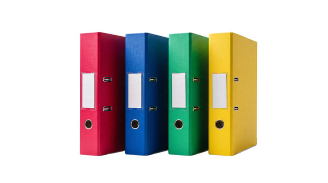 Four colorful ring binders standing side by side for document organization PNG Isolated on transparent background