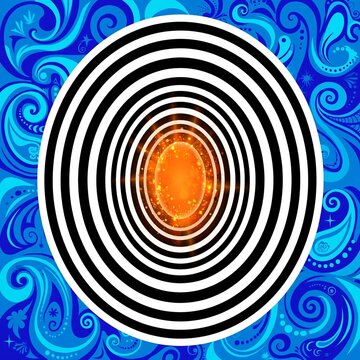 Hypnotic black and white circle tunnel background with a glowing orange fiery core