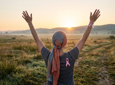 Cancer survivor raising arms at sunrise symbolizing hope