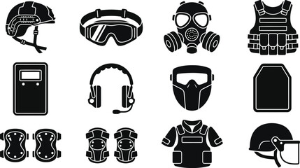 Tactical combat body armor and personal protective gear icons set for ballistic helmet, plate carrier, gas mask and riot shield © MSTFARIDA