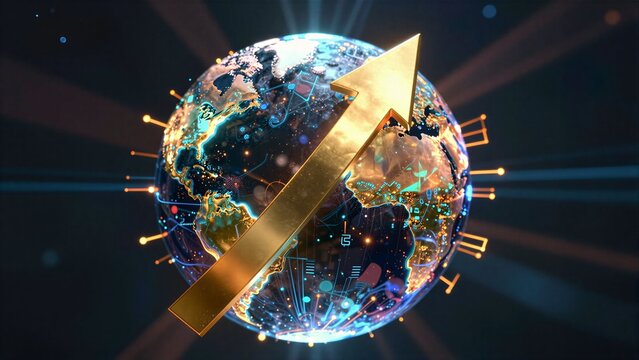 A stylized, glowing Earth globe with a prominent upward arrow