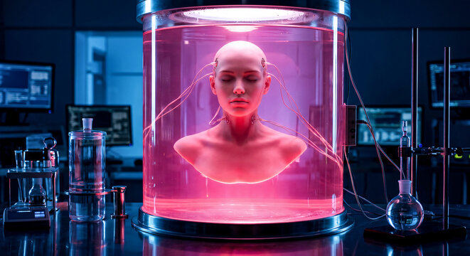 Futuristic Symbolism - Perfectly Symmetrical Synthetic Actor Grown In Glowing Pink Laboratory Vat, Evoking Hollywood Talent Manufactured By AI