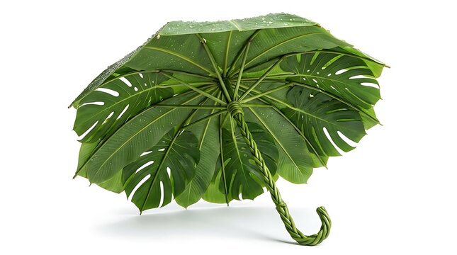 Underside view of botanical umbrella made from monstera leaves shows intricate structure and natural green ribbing details