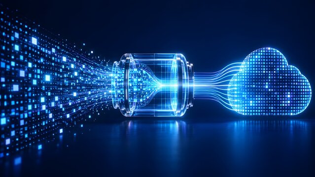 Glowing cloud computing network concept with fiber optic data stream passing through digital processing hub for information storage