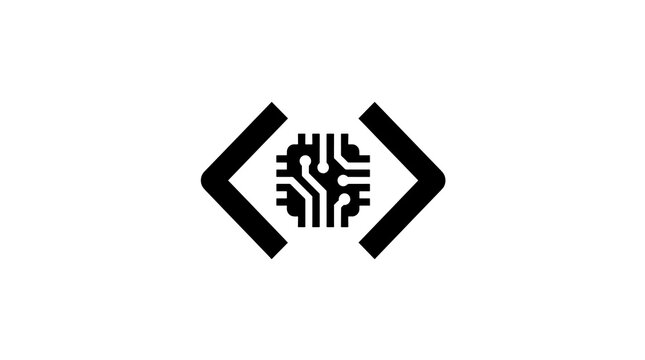 Programming code brackets with central circuit chip for software dev icon