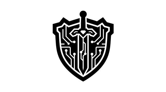 Knight shield with sword and tech patterns for cyber defense security