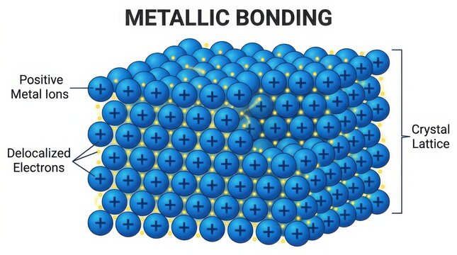Metallic bonding diagram showing positive metal ions and delocalized