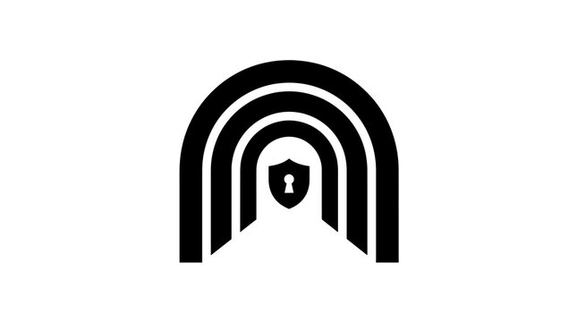 Security tunnel icon with central shield lock for data protection systems