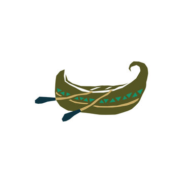 raditional Native Canoe with Wooden Paddles Graphic Element or Folk Art Kayak Icon Isolated on White Background