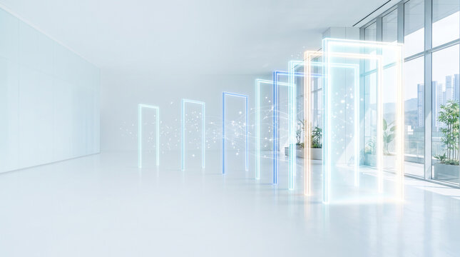 밝은 사무실 속 빛나는 단계별 문 프레임 &middot; Glowing Door Frames in Bright Modern Office Interior