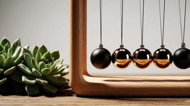 Minimalist arrangement of green succulent plants next to Newton ball pendulum on wooden table. Metal spheres swing in wooden frame with soft shadows. Aesthetic composition with natural flora, physics