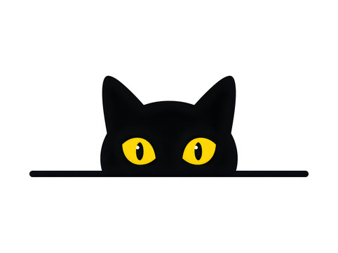 Black cat peeking from behind ledge with glowing eyes
