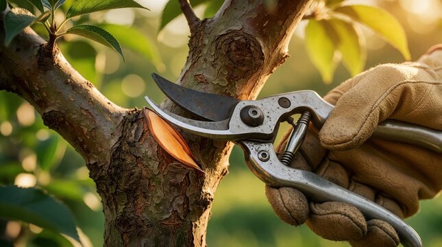 Close up of gardener using pruning shears to cut tree branch near collar. Pro arborist performs correct pruning technique on fruit tree trunk. Hand in leather glove holds metal clippers for precise