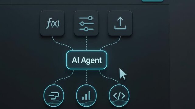 Cursor clicking AI agent node inside dark workflow editor with function formula and chart icons