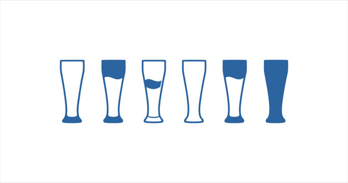 Blue pilsner glass sequence displays different liquid levels from empty to full for bar menu and brewery infographics.