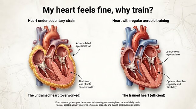Comparative medical diagram of heart muscle structure showing impact of sedentary strain versus regular aerobic training