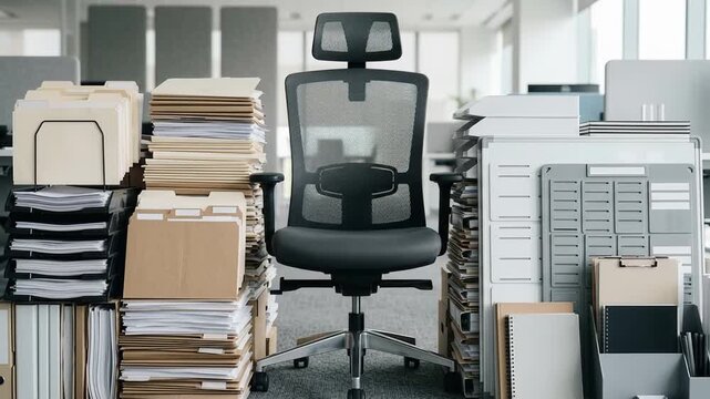 Empty ergonomic office chair surrounded by towering stacks of files, folders and paperwork in modern workplace. Business administration, document overload and clutter concept