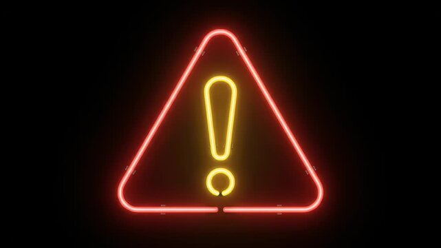 Neon warning sign with glowing red triangle and yellow exclamation mark on dark background. Concept of danger, alert, emergency and caution