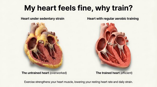 Heart muscle anatomy comparative diagram highlighting differences between inactive sedentary hearts and athletic trained hearts