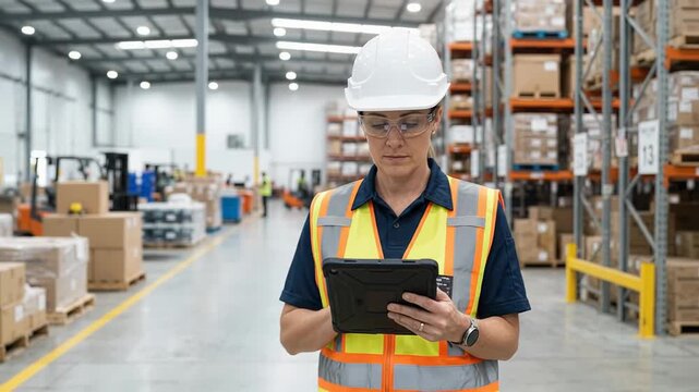 Female warehouse worker in safety helmet and hi vis vest checking inventory on tablet inside distribution center. Logistics management, workplace safety and supply chain concept