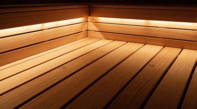 Empty wooden sauna room with warm light. Light glow on timber benches, plank walls creates cozy atmosphere. Natural wood interior design for spa wellness center home steam room. Relaxing heat, calm