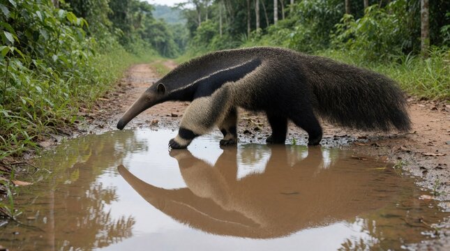 Giant anteater walks through muddy puddle in tropical rainforest. Large mammal shows clear reflection in water on forest path. Wild animal moves through green jungle habitat in South America. Low