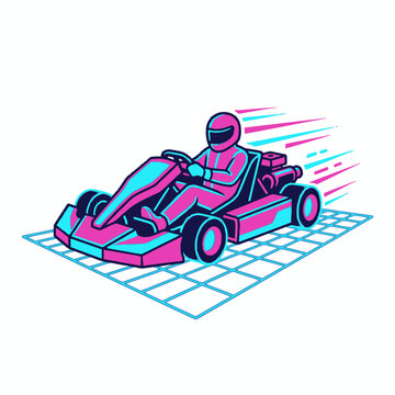 Retro 1980s synthwave style vector illustration of a go-kart racer speeding on a neon perspective grid, vibrant pink and cyan colors for outrun aesthetic and nostalgic racing concept.