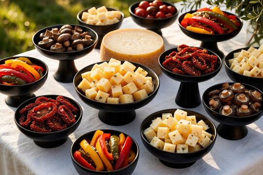 Gourmet antipasti assortment on white table outdoors. Black bowls contain cheese cubes, marinated peppers, mushrooms, sundried tomatoes, olives. Mediterranean appetizer buffet setup for rustic