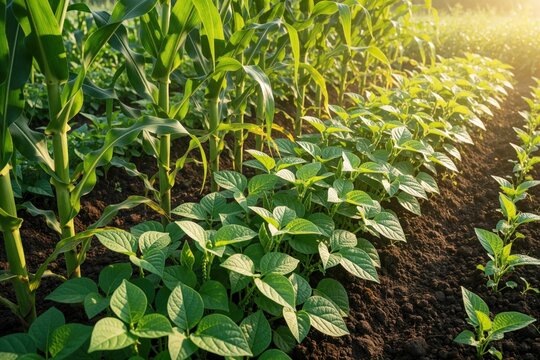 Corn, cowpea plants grow together in organic vegetable garden. Maize crops intercrop with legume plants in fertile soil. Sustainable farming technique uses companion planting for better yield in