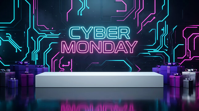 Cyber Monday sale banner with product podium and neon tech background 3D render