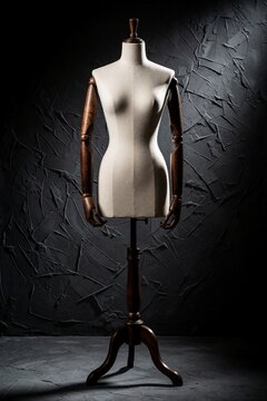 Vintage female wooden mannequin with white fabric torso stands in dark studio. Retro dressmaker dummy articulated timber arms, elegant stand. Classic tailor tool for fashion design, clothing