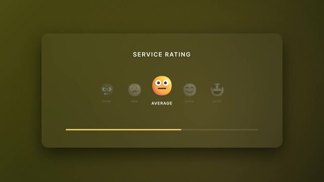 Customer satisfaction service rating interface card displays an average feedback score with an emoji symbol on an olive green background.