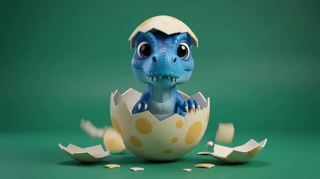 Baby blue dinosaur hatching from a spotted egg