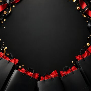 赤い薄紙入りの黒いショッピングバッグを下部に並べた背景（ブラックフライデー）