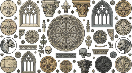 Vintage Gothic Architectural Elements Vector Set Featuring Cathedral Windows, Stone Capitals, Rose Window, Gargoyles, and Medieval Carved Ornaments © MstSufea
