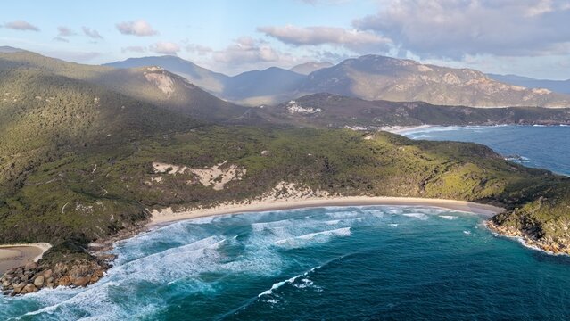 Wilsons Promontory National Park, Gippsland, Victoria, Australia &ndash; 4K aerial drone view of spectacular turquoise beaches, rugged coastal mountains, winding rivers and pristine wilderness