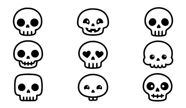 Cute & Simple Halloween Skull Icon Collection, 9 Variation Thick Shape Vector Set in a Grid, Bold Flat Graphic Elements for KDP