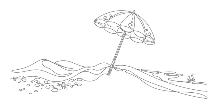Continuous line art illustration in minimalist style showing a beach umbrella with decorative patterns planted in wavy sand beside the ocean with pebbles and grass