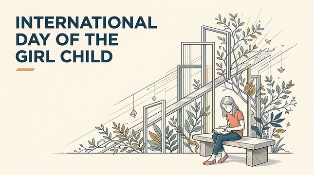 International Day of the Girl Child, young girl sitting on bench reading book, minimal vector illustration with geometric frames and green foliage