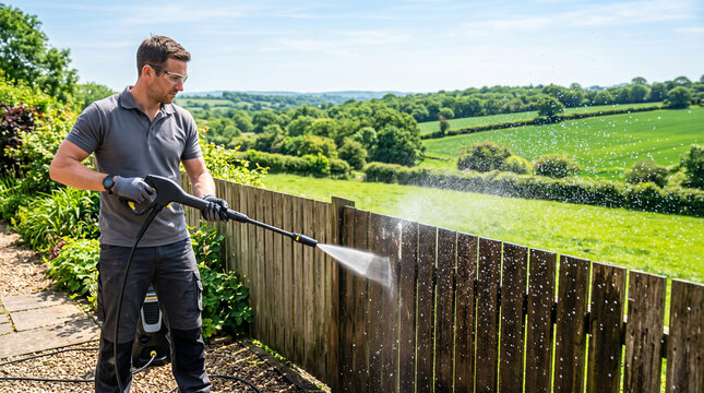 Man diligently pressure washing weathered wooden fence for an essential sealing repair process
