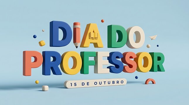 Colorful 3D wooden letters spelling Day of the Teacher, playful alphabet typography design, playful education concept background